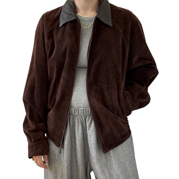 Vintage Cypress Grove Unisex Brown Suede Leather Oversized Bomber Jacket Sz L - Picture 3 of 10